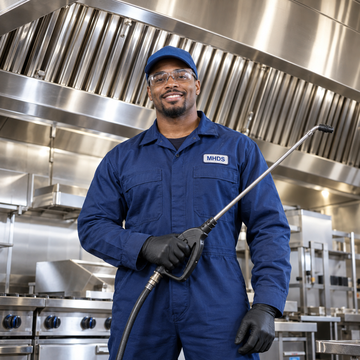 Kitchen exhaust cleaning technician in an MHDS jumpsuit holding a pressure washer wand in front of a clean stainless steel hood