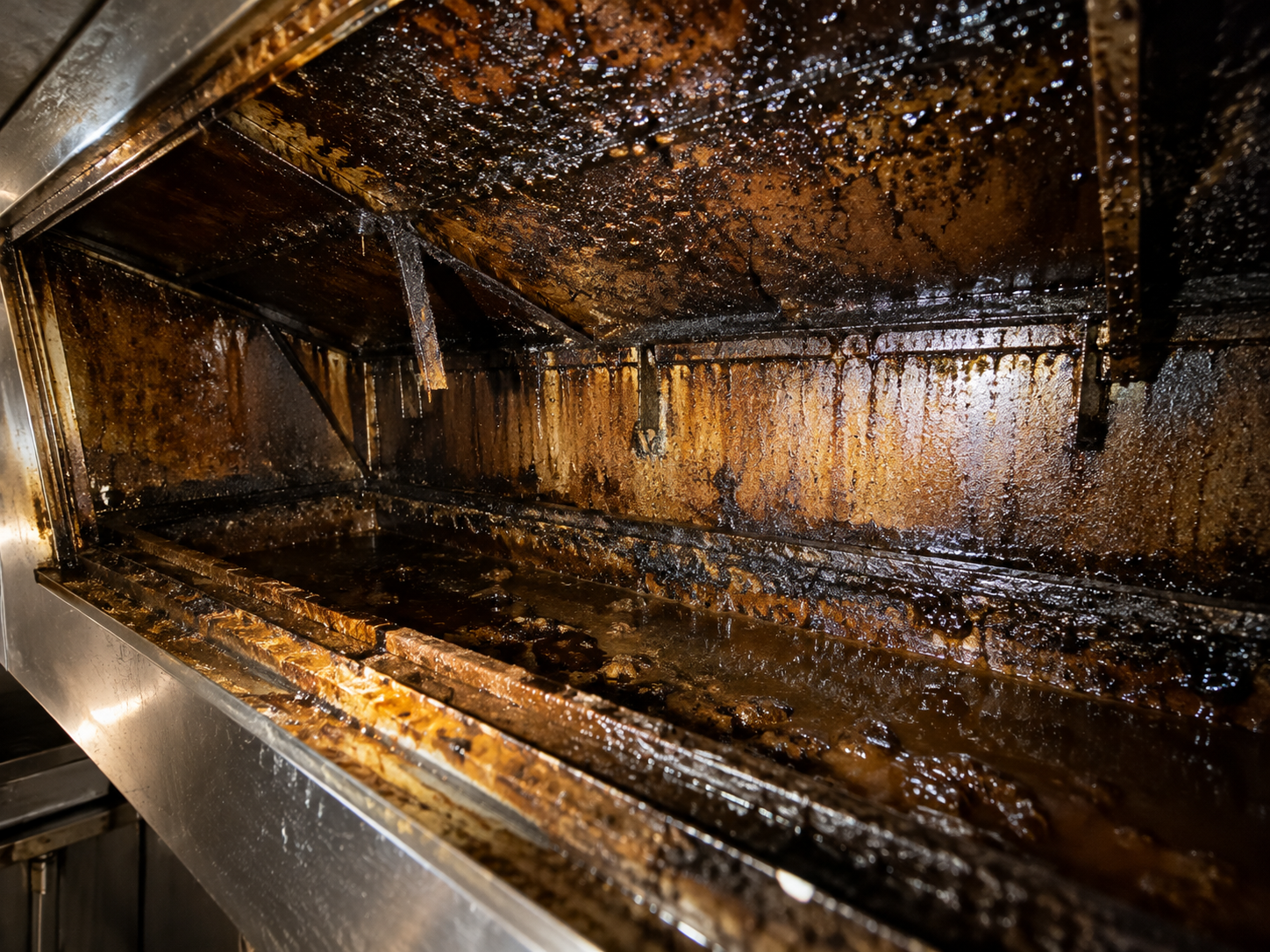 Grease-coated commercial kitchen exhaust hood interior before cleaning