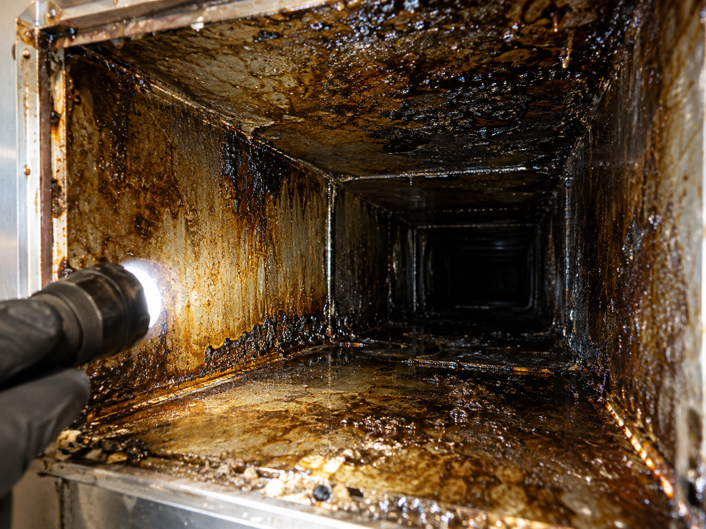 Grease-coated commercial exhaust duct interior before cleaning