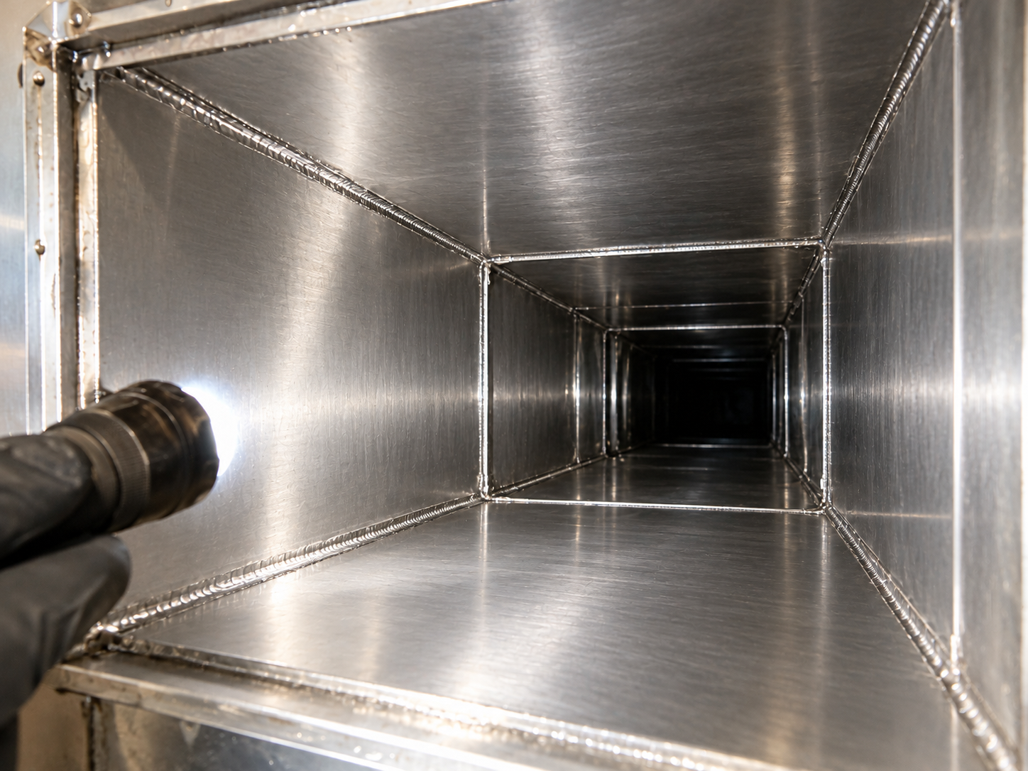 Commercial exhaust duct interior cleaned to bare metal