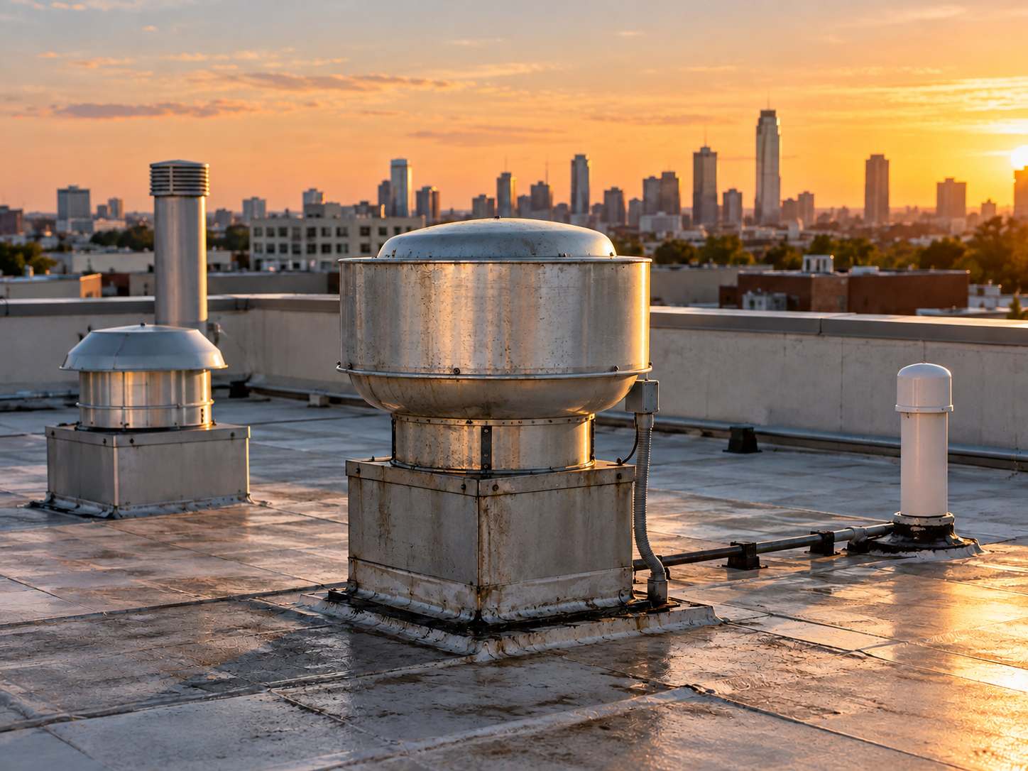 Restaurant rooftop exhaust fan before cleaning at sunset
