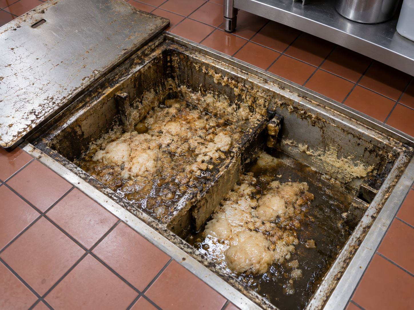 Restaurant grease trap full of grease before cleaning