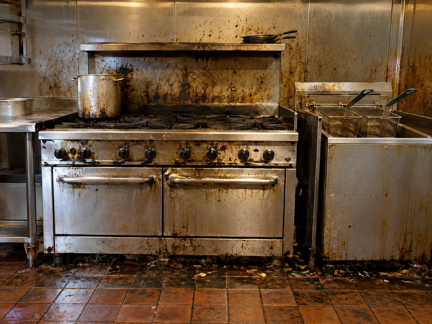 Grease-covered commercial cooking line before kitchen detailing