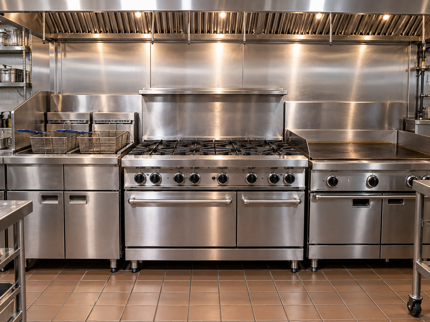 Clean stainless steel commercial cooking line after kitchen detailing