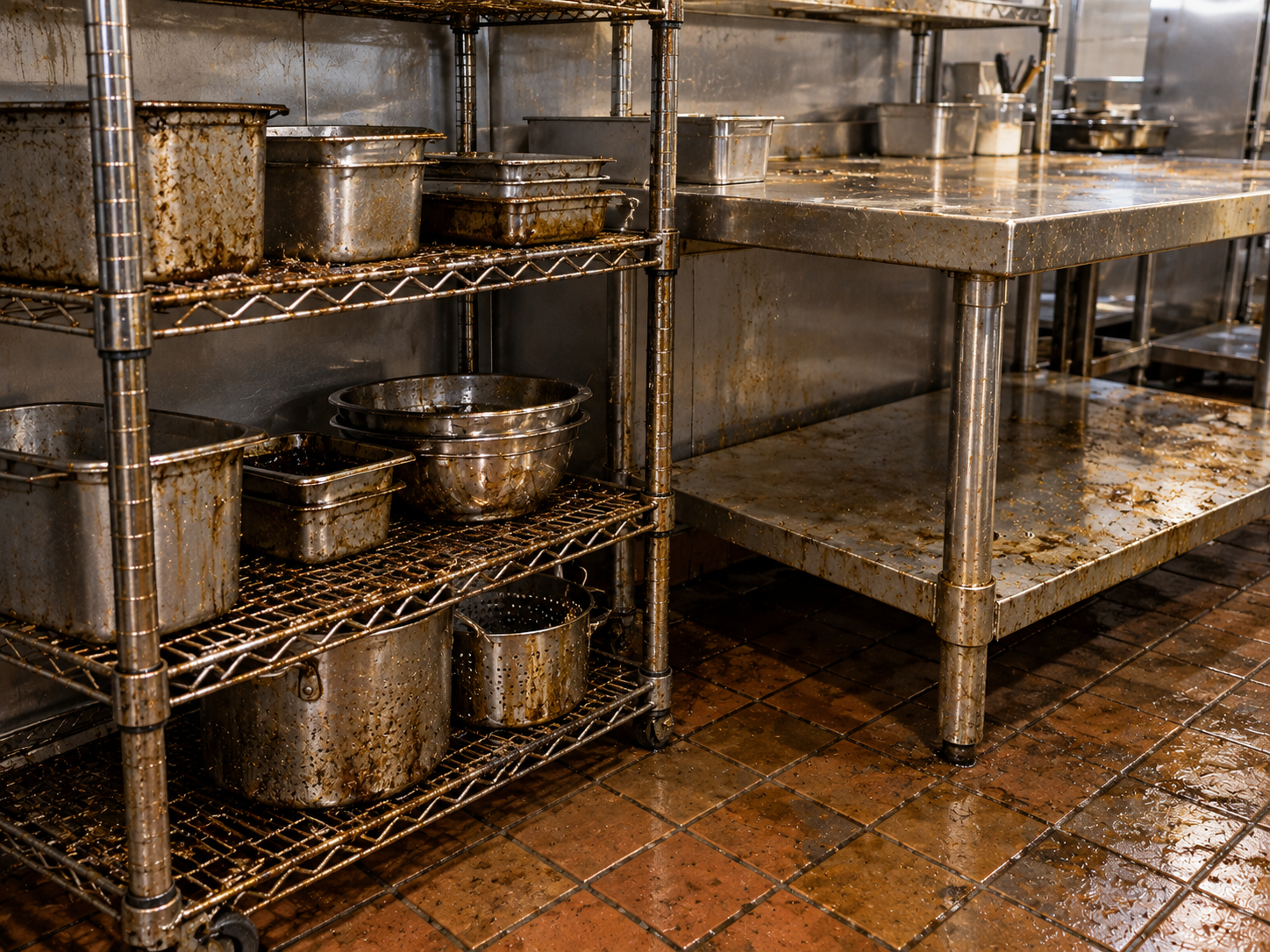 Grease-covered kitchen shelving and prep table before detailing