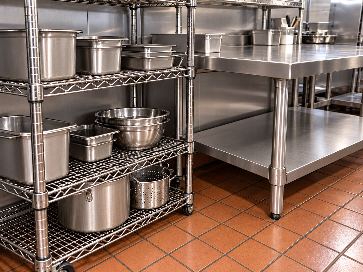 Clean stainless steel kitchen shelving and prep table after detailing