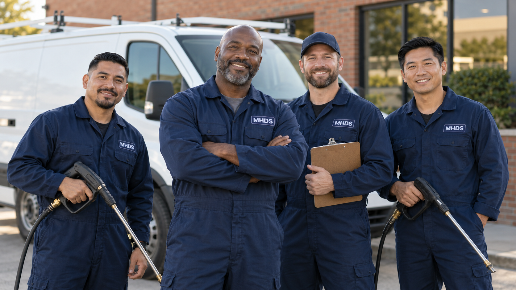 MidAtlantic Hood & Duct service team in MHDS uniforms in front of a service van