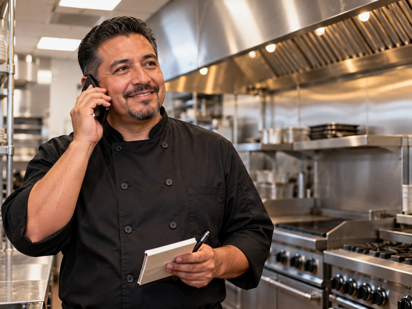 Restaurant manager on the phone in a commercial kitchen