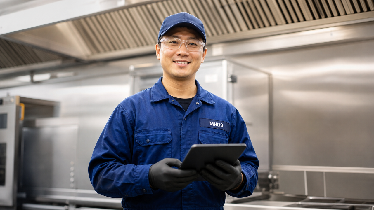 Friendly technician with a tablet greeting a customer in a commercial kitchen
