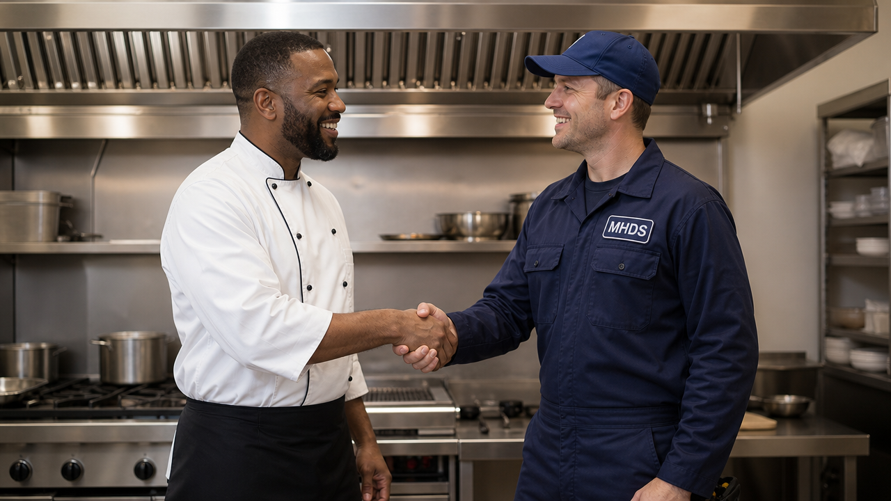 Restaurant owner shaking hands with an MHDS technician in front of a clean hood