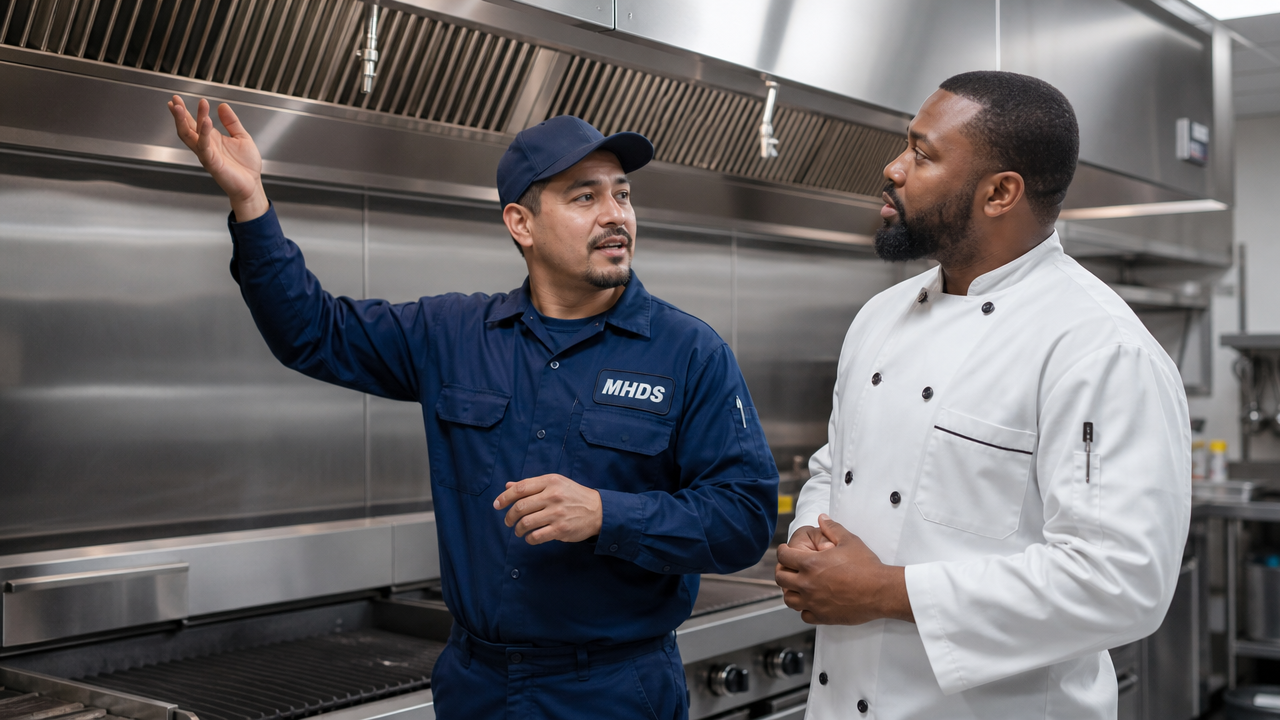 Technician explaining the exhaust system to a kitchen manager