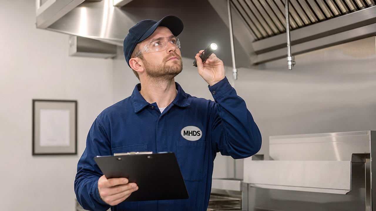 Technician inspecting a clean kitchen exhaust hood with a clipboard and flashlight