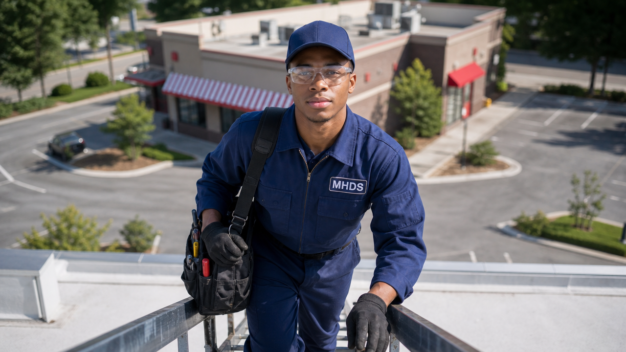 Young MHDS technician climbing a ladder to a restaurant roof