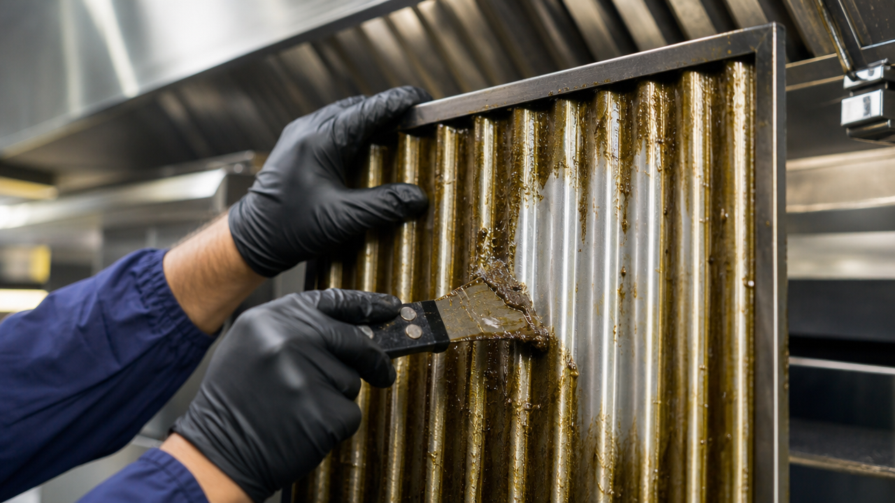 Close-up of gloved hands scraping grease from a hood baffle filter