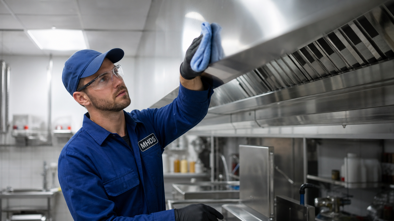 Technician polishing the stainless steel face of a commercial kitchen exhaust hood