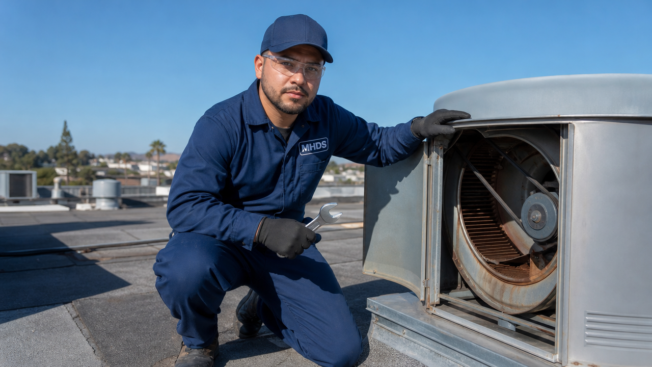 Technician servicing a commercial exhaust fan on a restaurant rooftop
