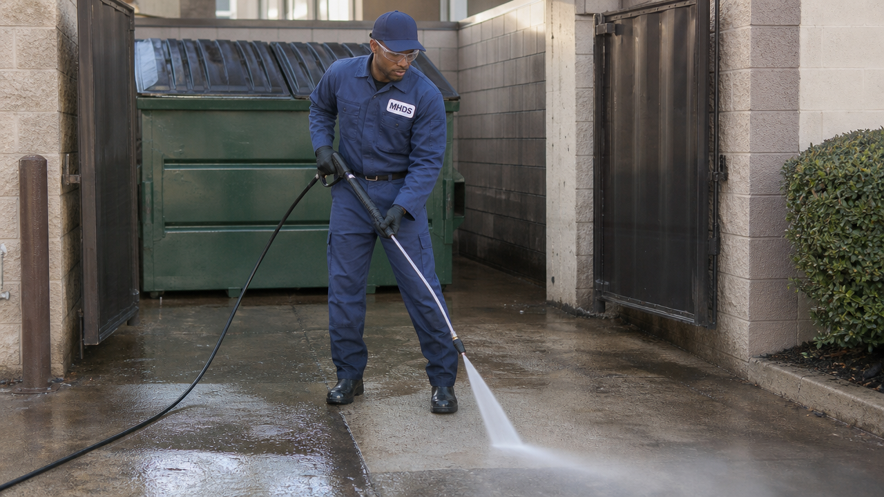 Technician pressure washing the concrete pad behind a restaurant