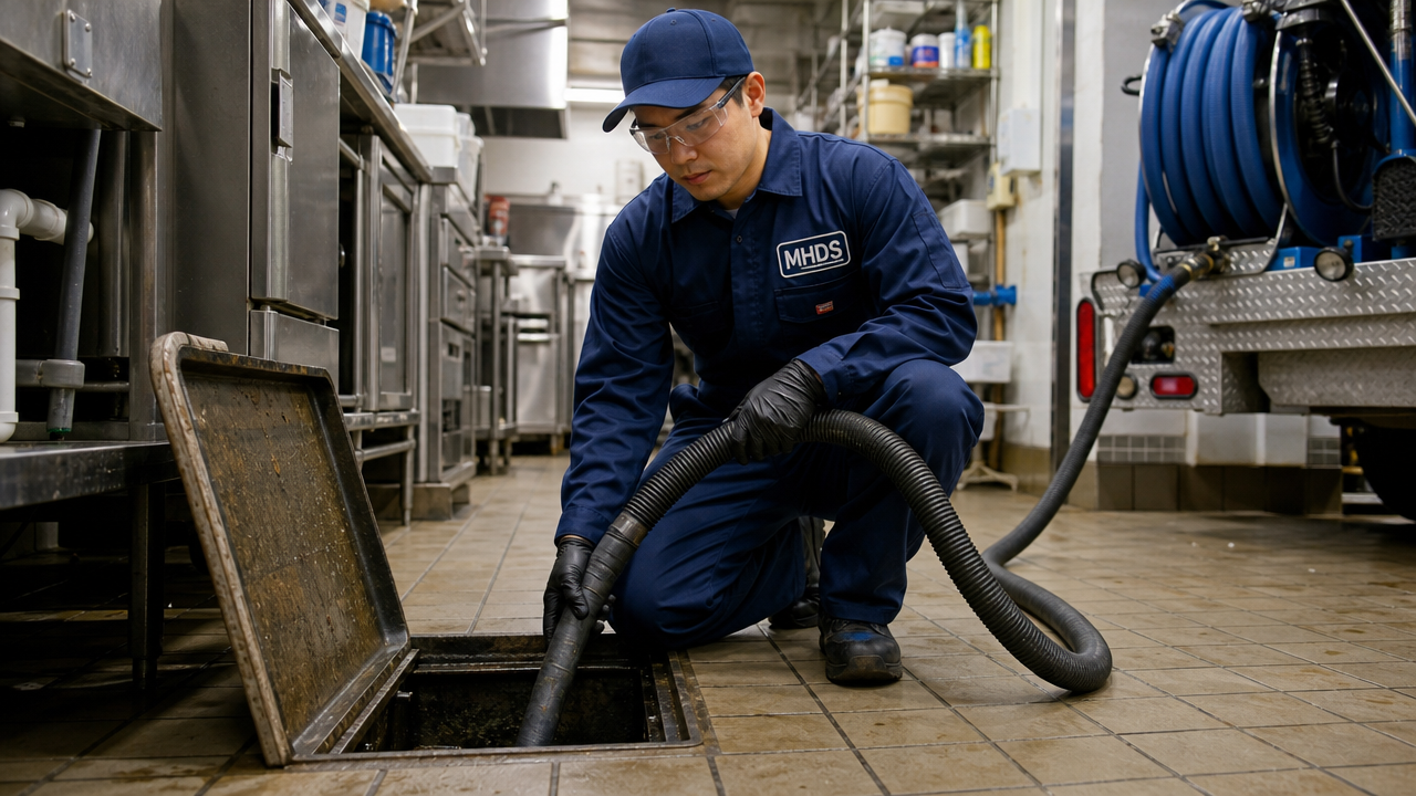 Technician cleaning a commercial kitchen grease trap with a vacuum hose