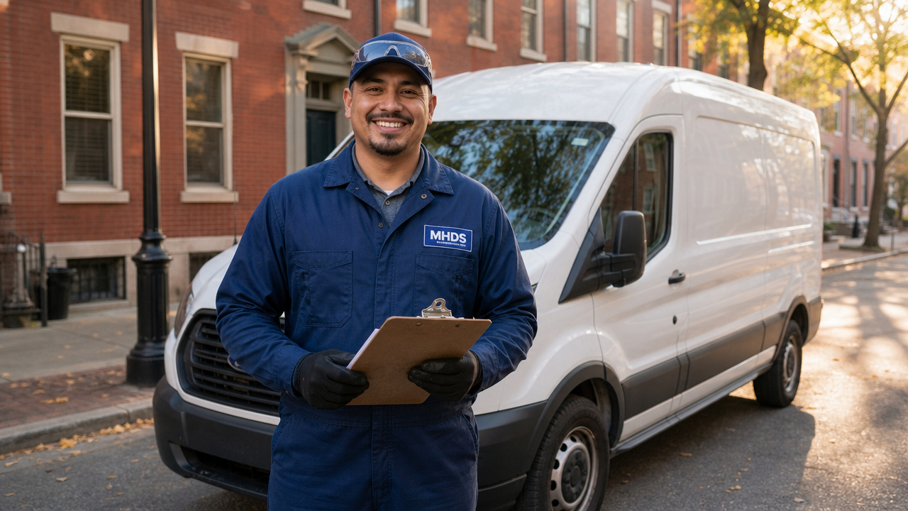Technician with a clipboard in front of a service van on a historic Mid-Atlantic street
