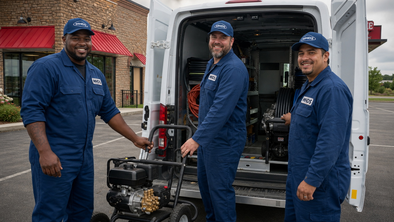 Three MHDS technicians loading pressure washing equipment into a service van
