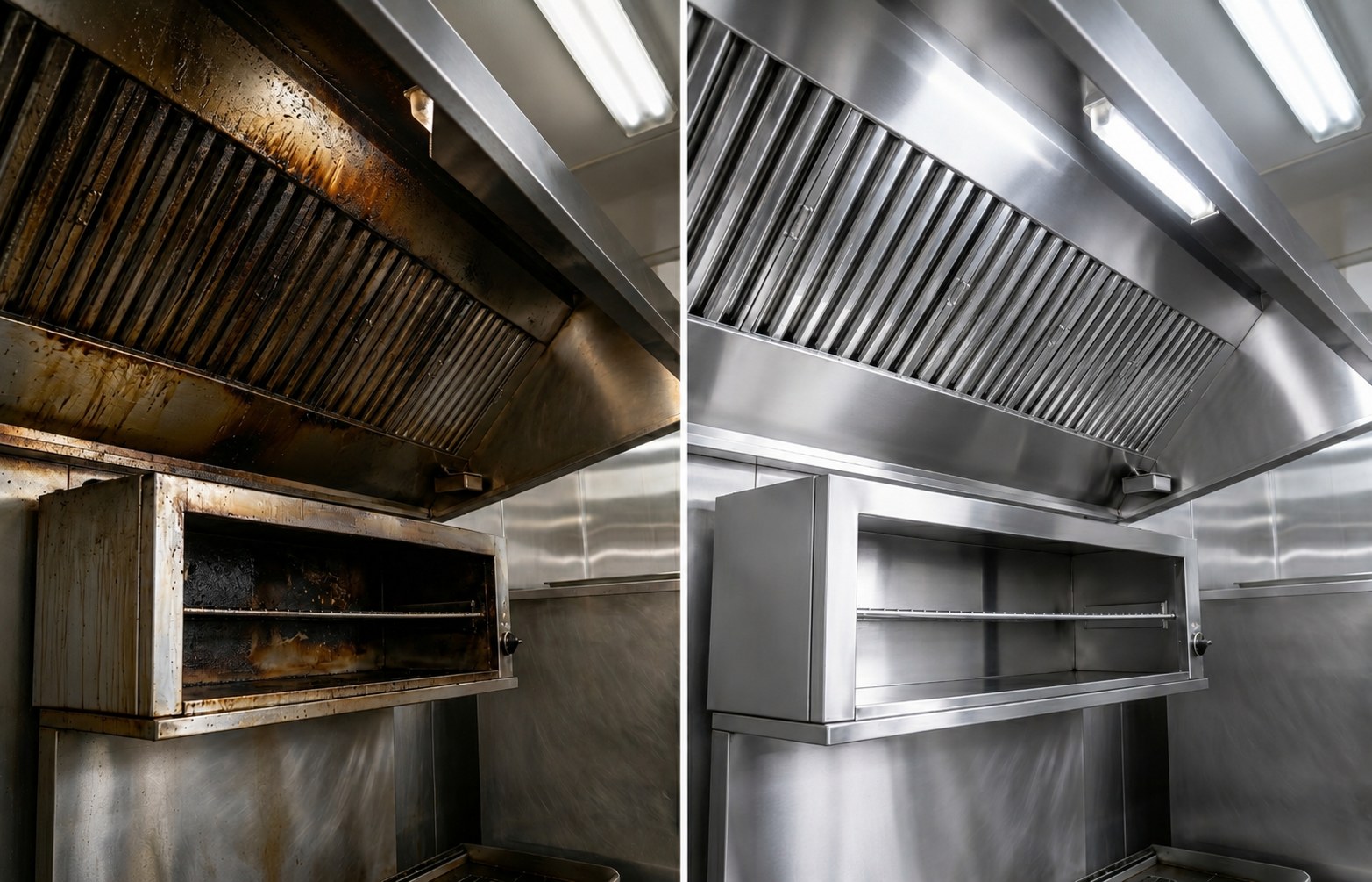 Commercial kitchen exhaust hood and filters before and after cleaning, split view