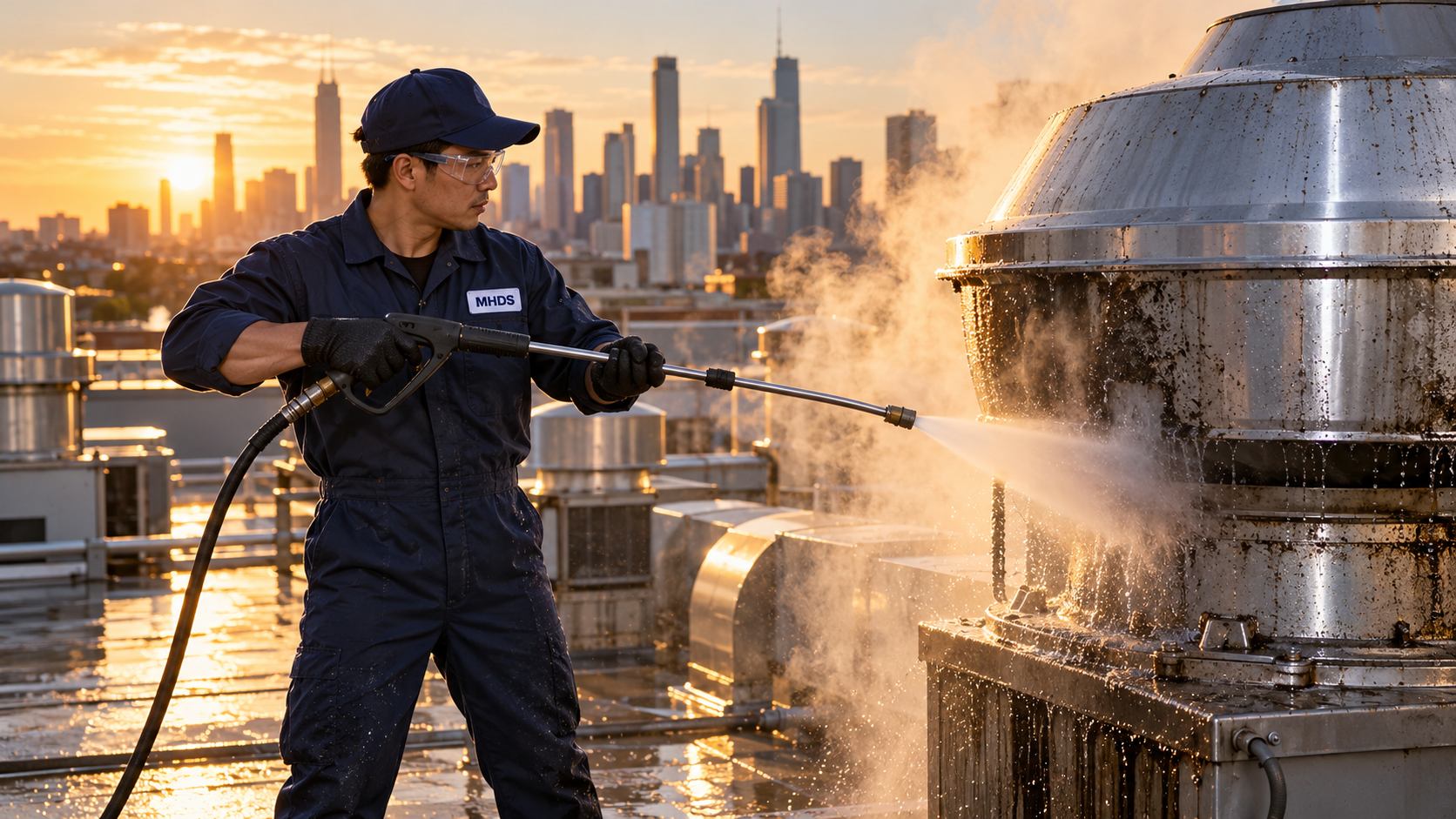 MHDS commercial kitchen exhaust cleaning in Delaware - an Asian technician pressure washing a rooftop exhaust fan