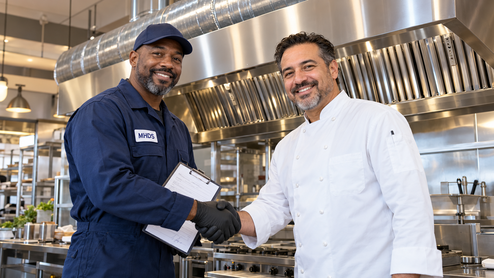 MHDS commercial kitchen exhaust cleaning in Dover - a technician shaking hands with a restaurant chef in front of a clean hood