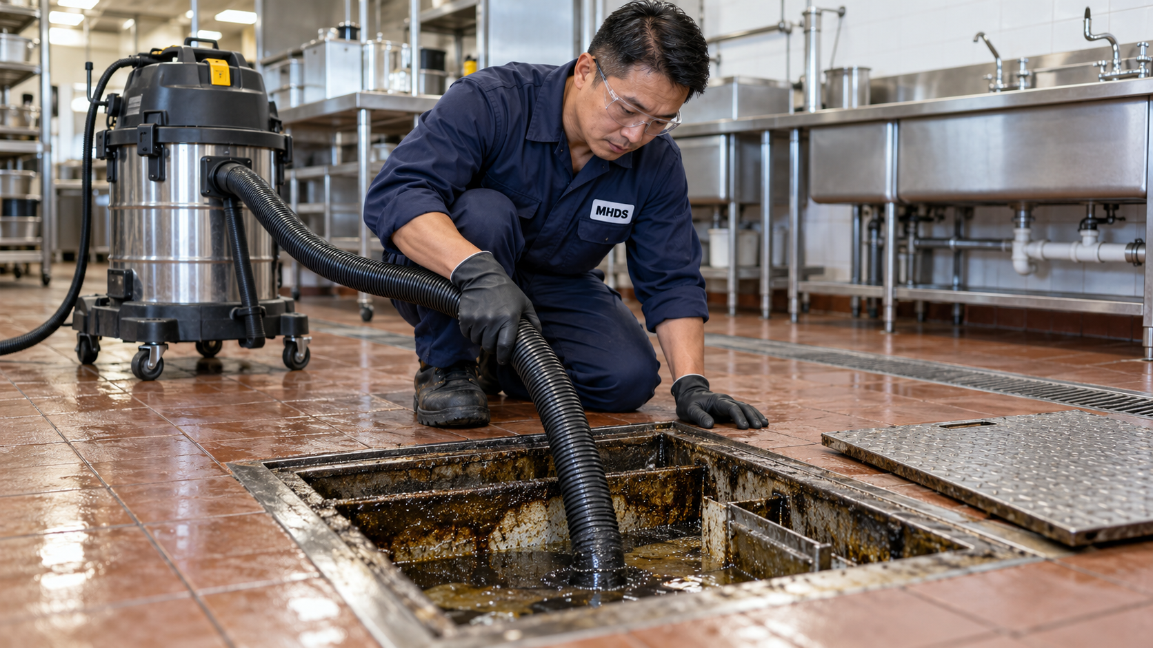 MHDS commercial kitchen exhaust cleaning in Kent County - a technician cleaning a grease trap