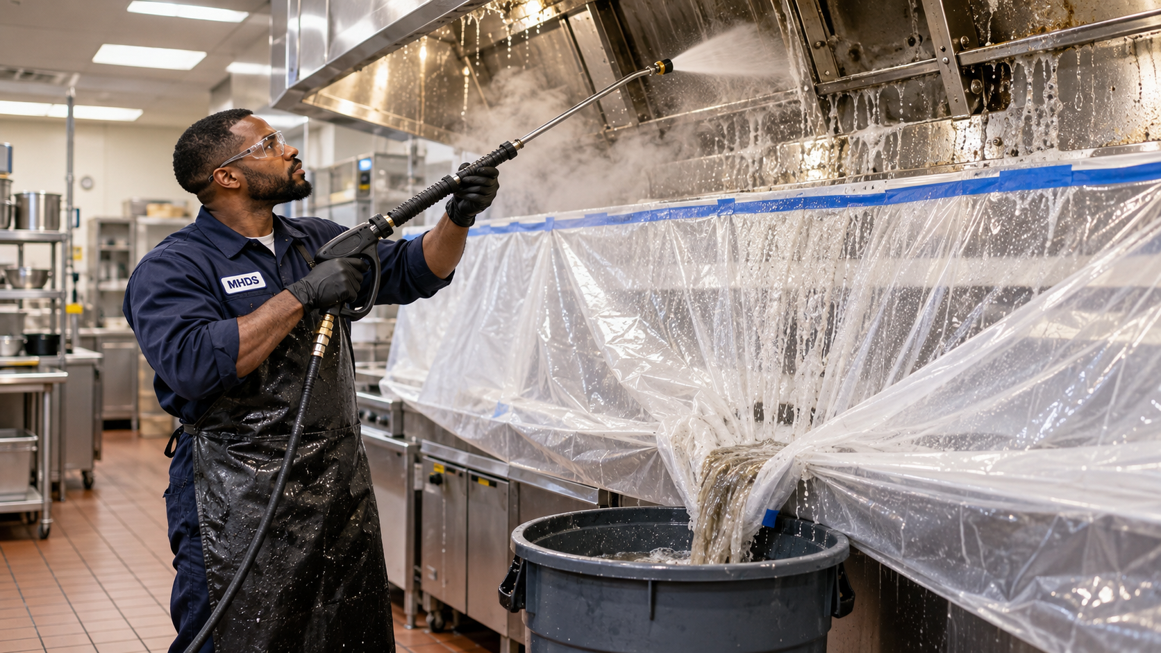 MHDS commercial kitchen exhaust cleaning in Cherry Hill - a technician degreasing a hood with plastic containment