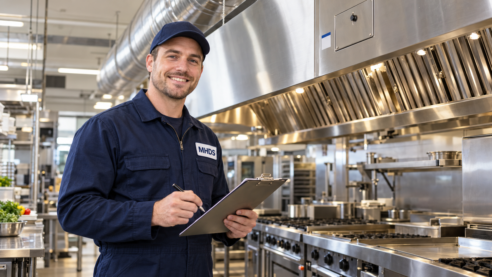 MHDS commercial kitchen exhaust cleaning in New Castle County - a technician with an inspection clipboard in a clean kitchen