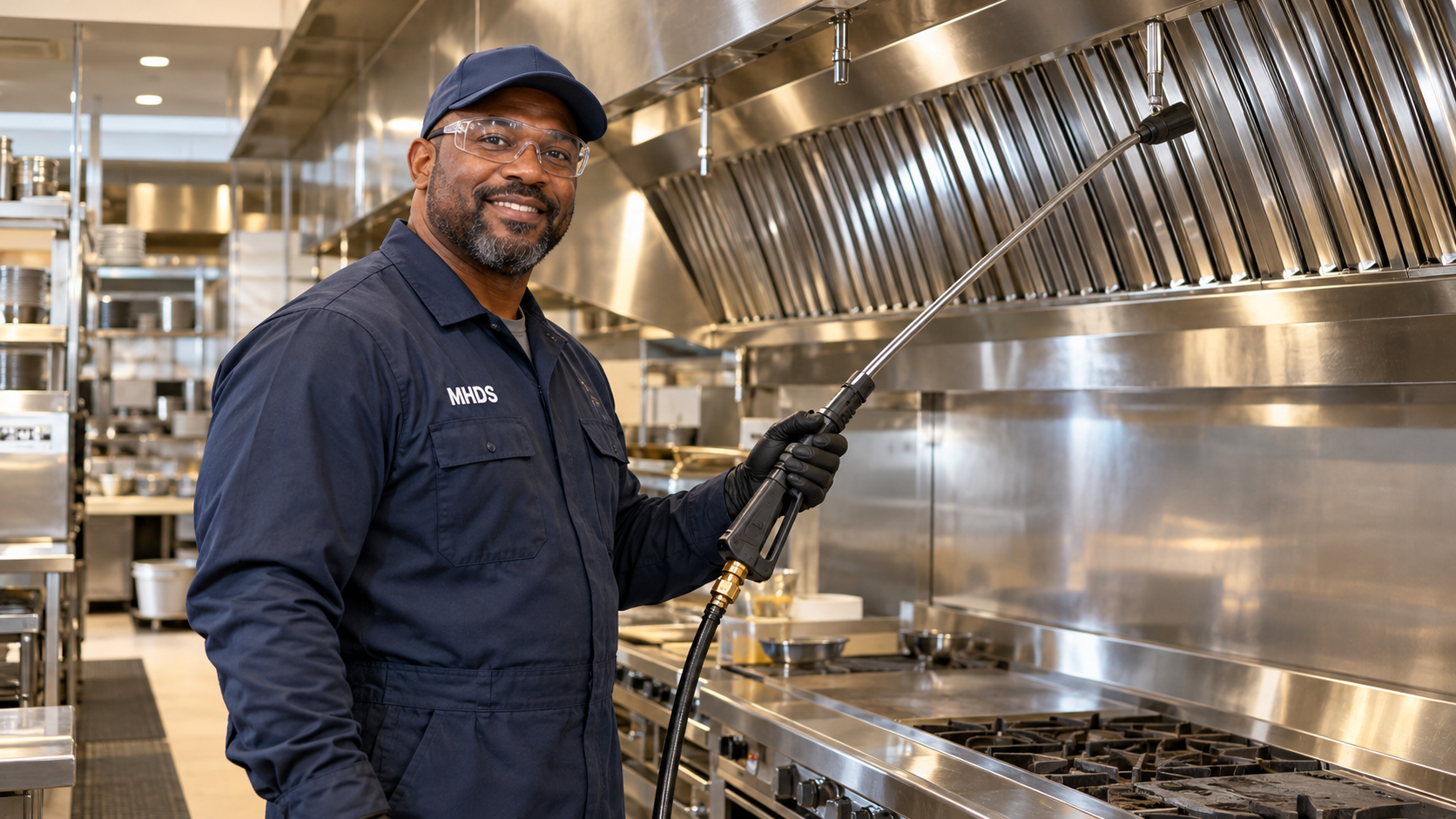 MHDS commercial kitchen exhaust cleaning in Newark - a technician with a pressure washer wand beside a clean hood