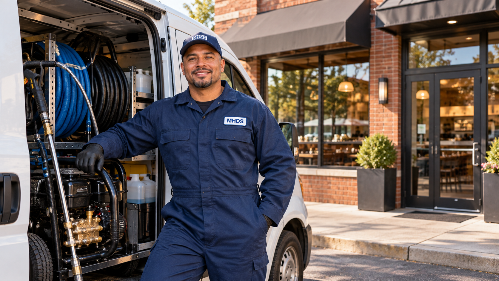MHDS commercial kitchen exhaust cleaning in Atlantic - a technician with a service van outside a restaurant