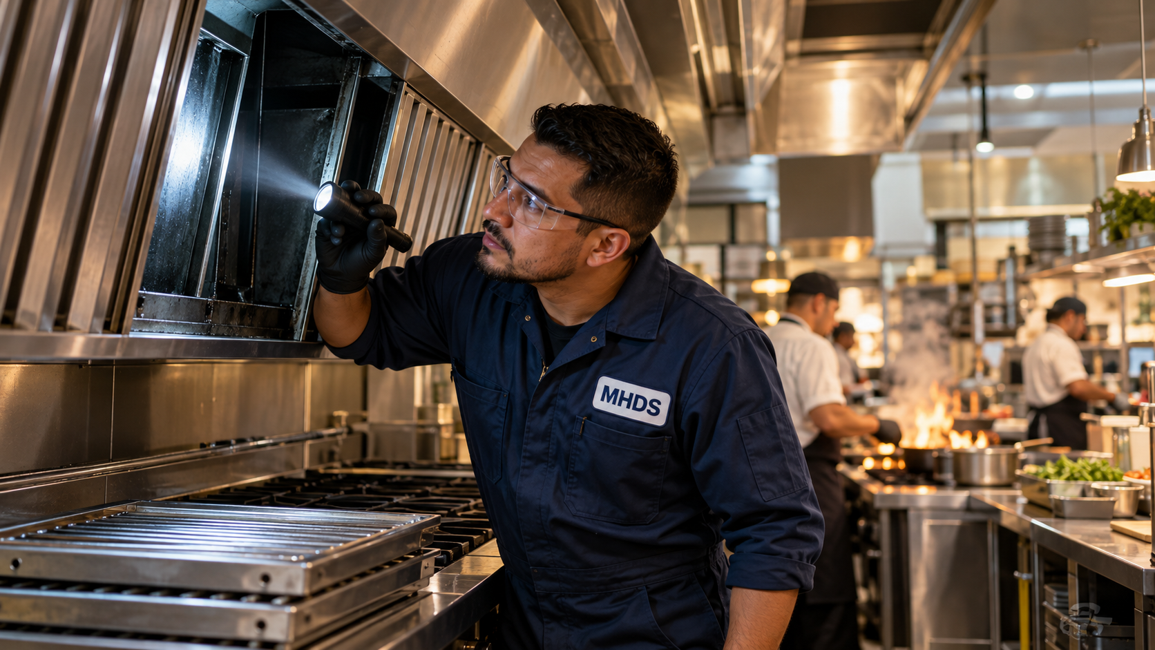 MHDS commercial kitchen exhaust cleaning in Bridgeton - a technician inspecting a hood plenum with a flashlight