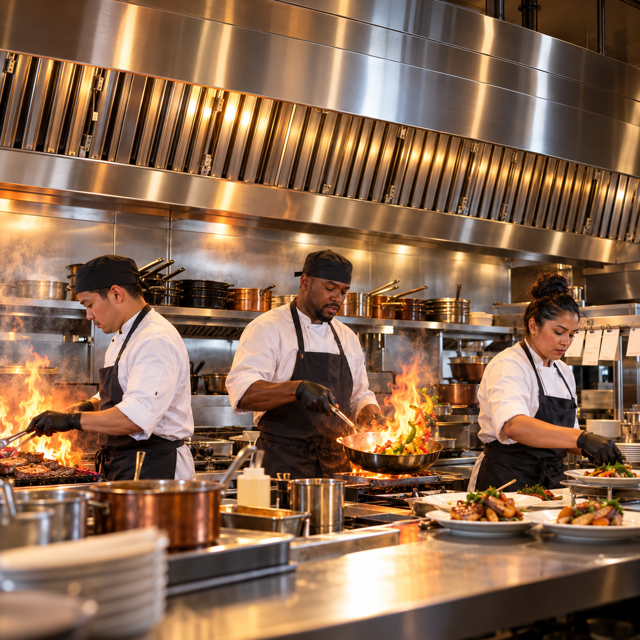 Busy commercial kitchen line with cooks, flames and sizzling food in front of a clean, polished stainless steel exhaust hood