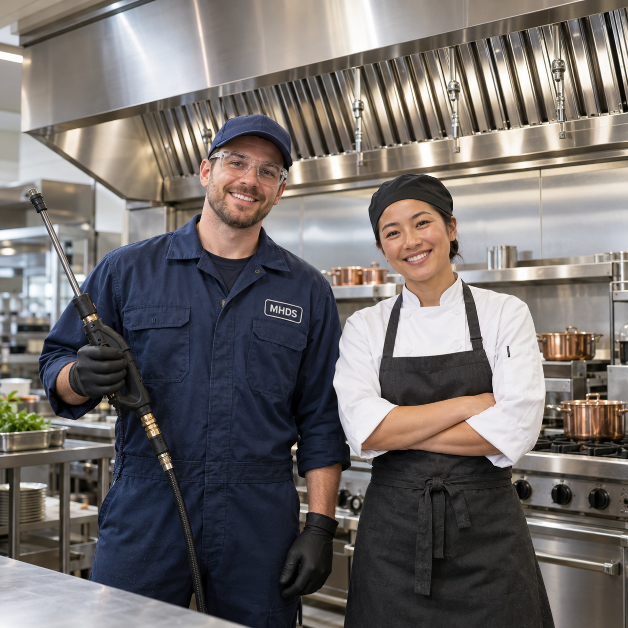 Smiling kitchen exhaust technician with a pressure washer wand beside a happy chef in front of a spotless stainless steel hood