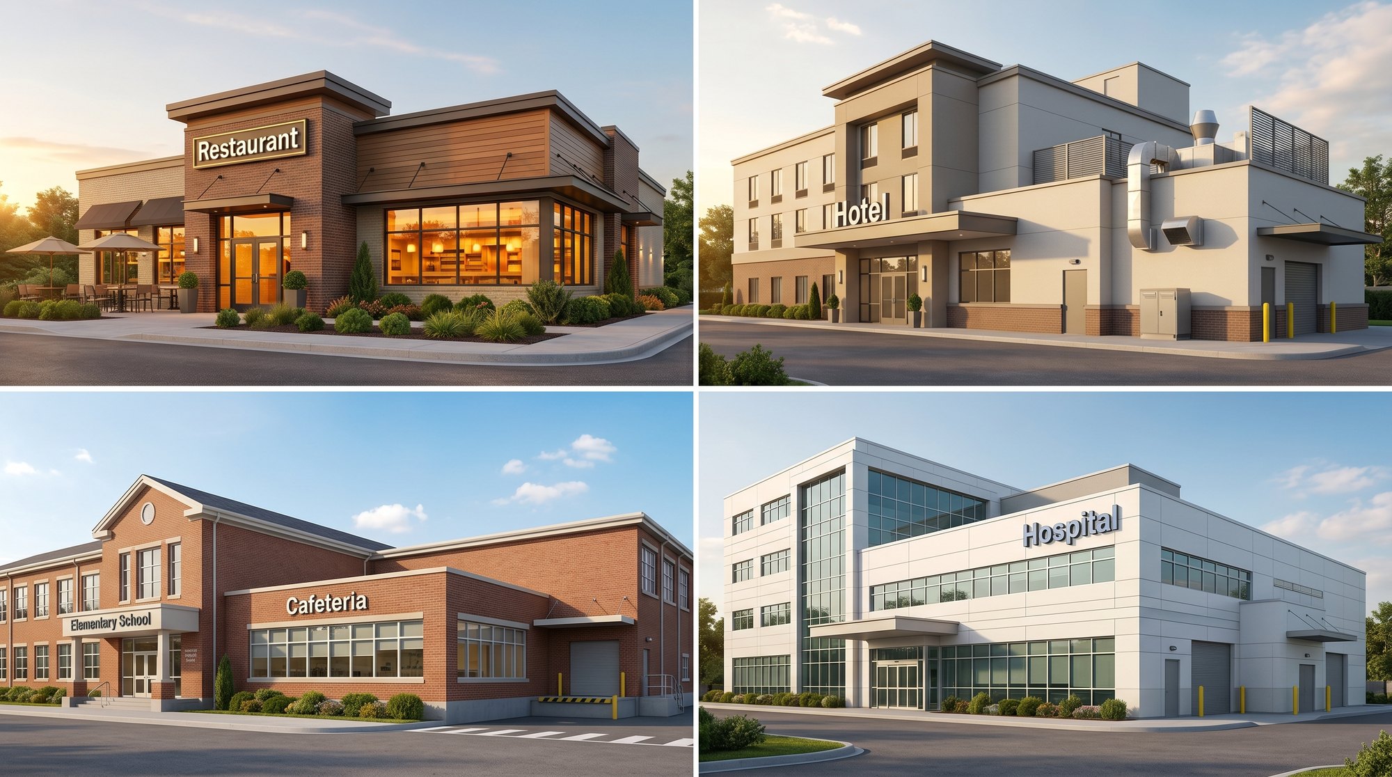 Four types of commercial kitchens we serve: restaurants, hotels, school cafeterias and hospitals