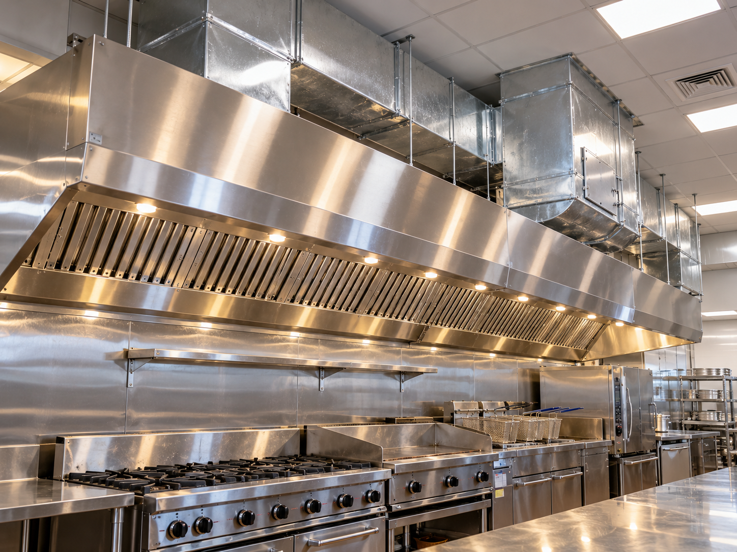 Commercial kitchen exhaust system cleaning in Dover - a clean commercial kitchen exhaust hood and duct run