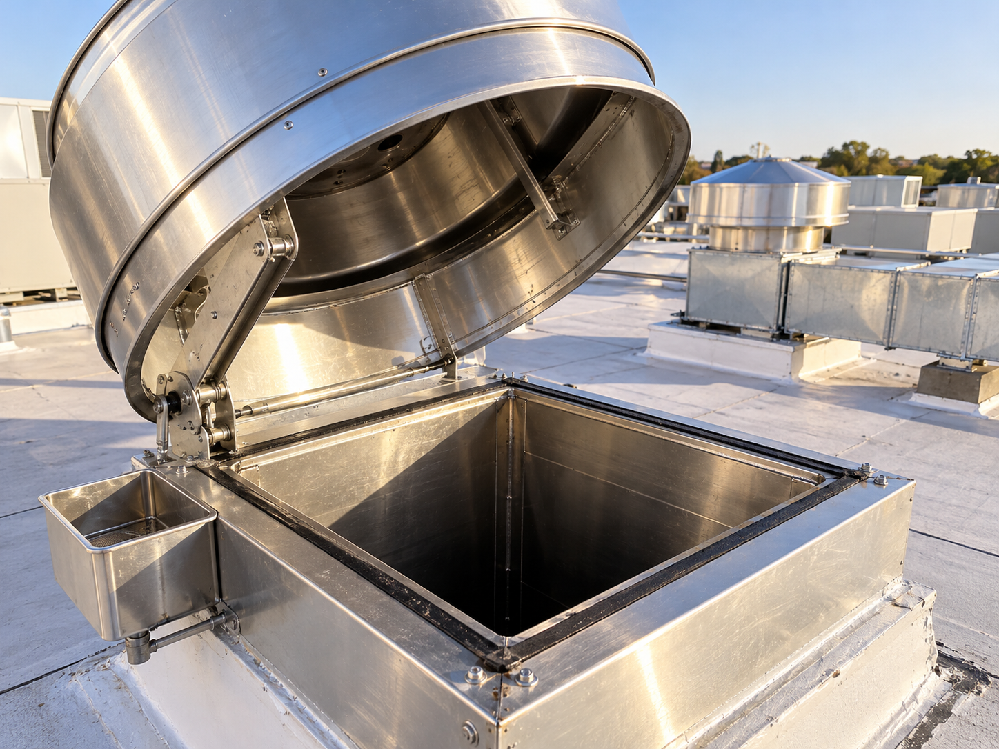 Commercial kitchen exhaust system cleaning in Kent County - a rooftop exhaust fan tilted open to show the duct opening