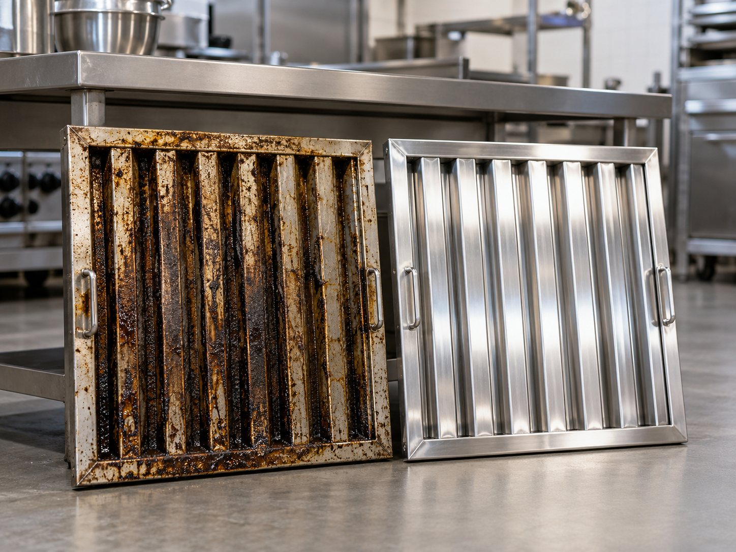 Commercial kitchen exhaust system cleaning in Delaware County - dirty and clean baffle filters side by side