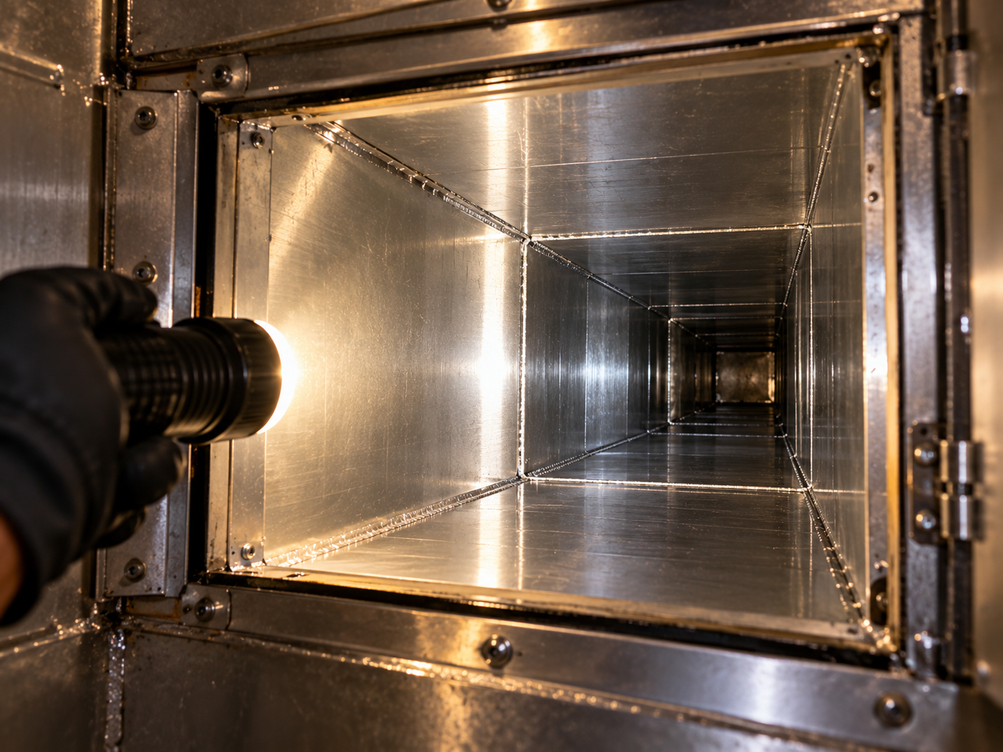 Commercial kitchen exhaust system cleaning in New Castle County - a clean exhaust duct interior lit by flashlight