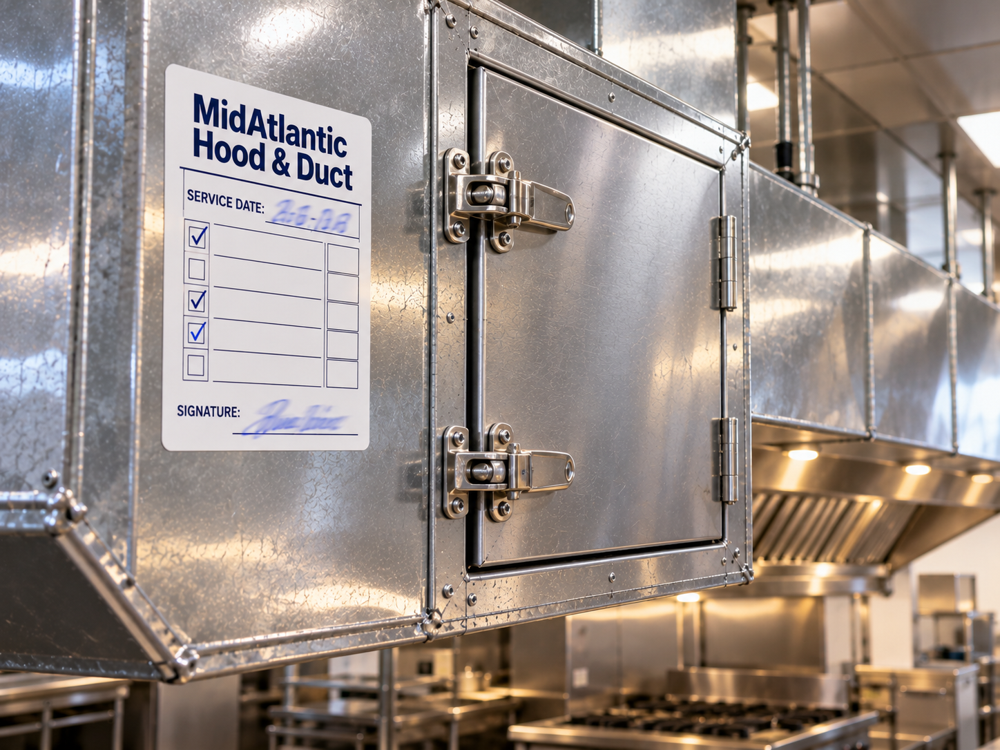 Commercial kitchen exhaust system cleaning in Newark - a duct access panel with a service sticker