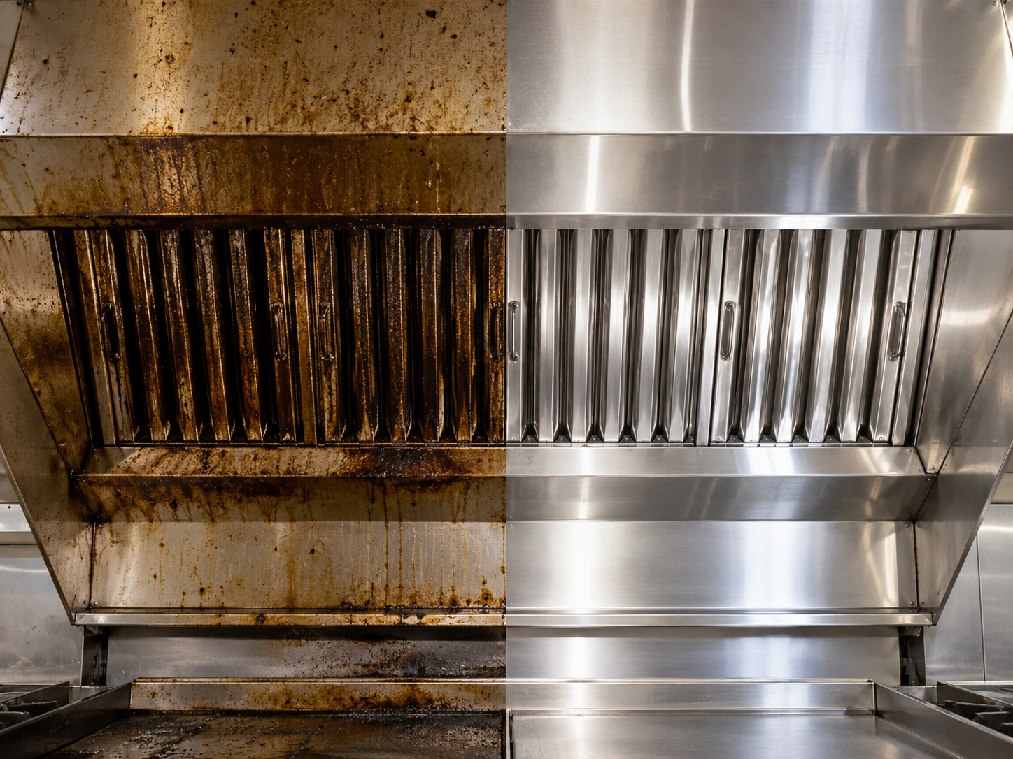 Commercial kitchen exhaust system cleaning in Middlesex - an exhaust hood before and after cleaning