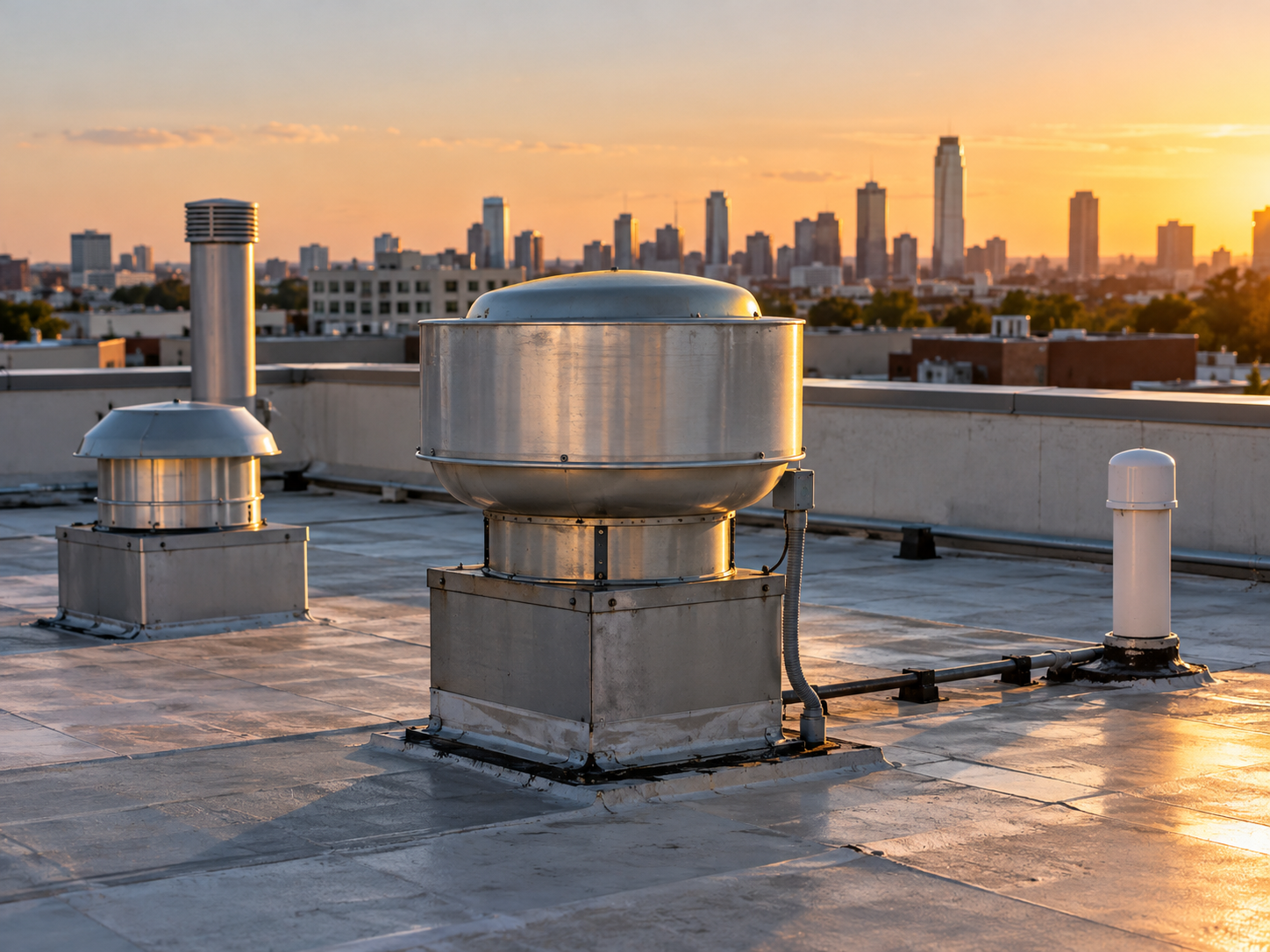 Commercial kitchen exhaust system cleaning in Lehigh County - rooftop exhaust fans at sunset