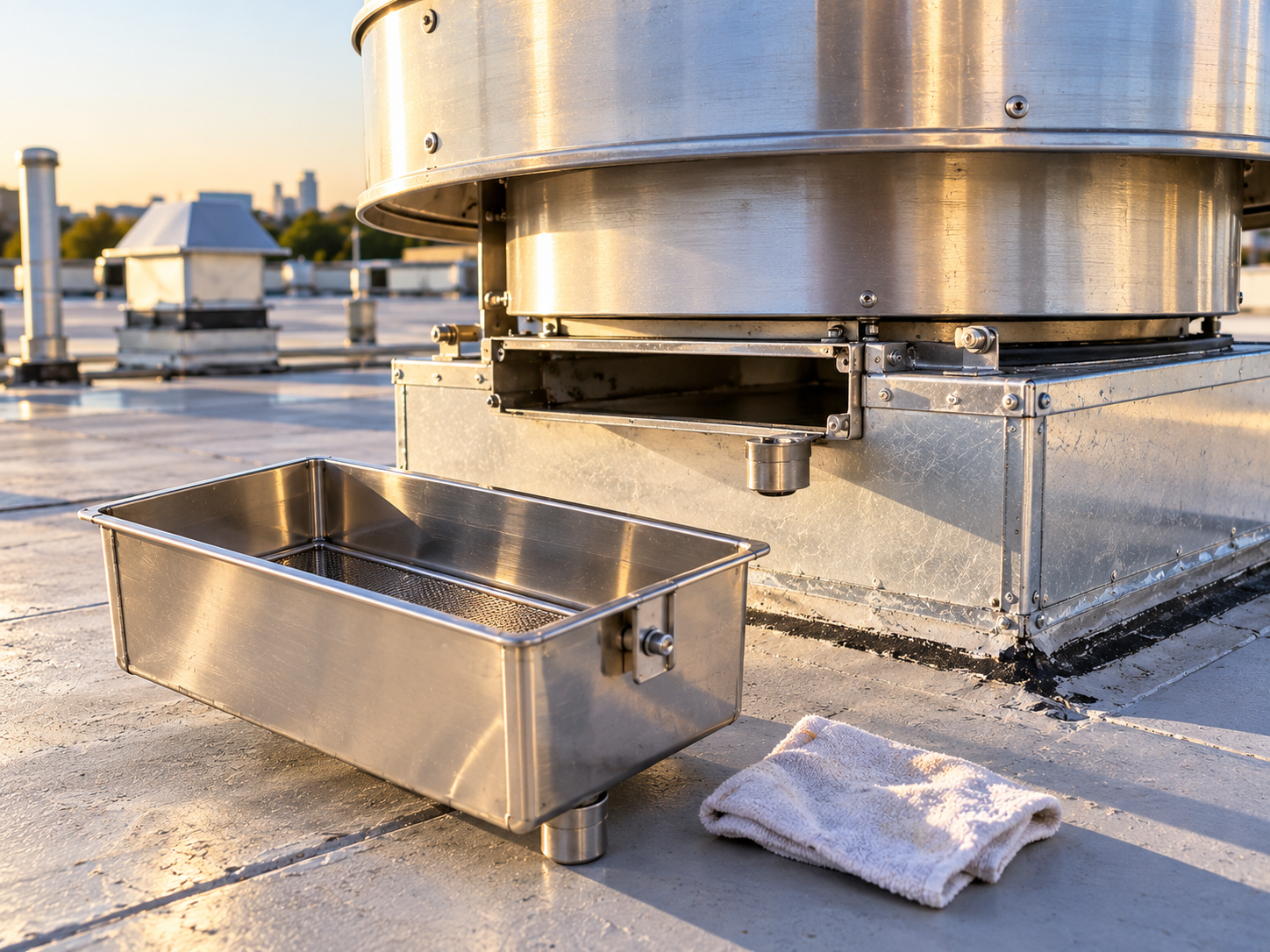 Commercial kitchen exhaust system cleaning in Media - a rooftop fan grease containment cup removed and cleaned